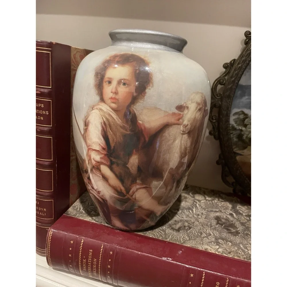 Vintage Decopauge French Style Shepherd Boy & Sheep Urn Vase 8.5